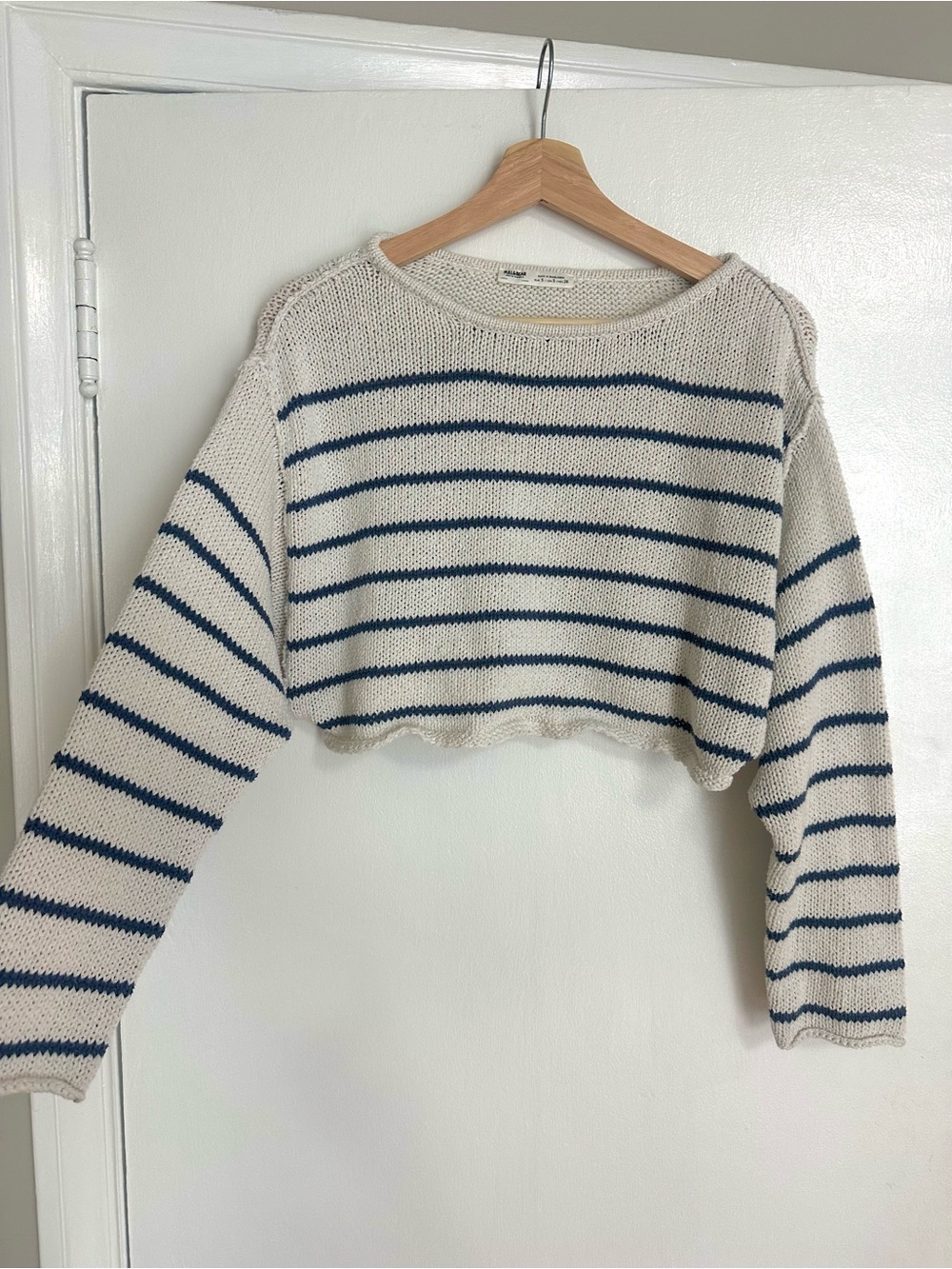 Pull&Bear Cropped Striped Boatneck Sweater - Ivory & Navy